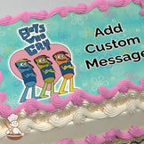 Cartoon of three colorful characters with crossed arms in front of a pink heart. Background is blue with flower patterns. Printed on a sheet cake.
