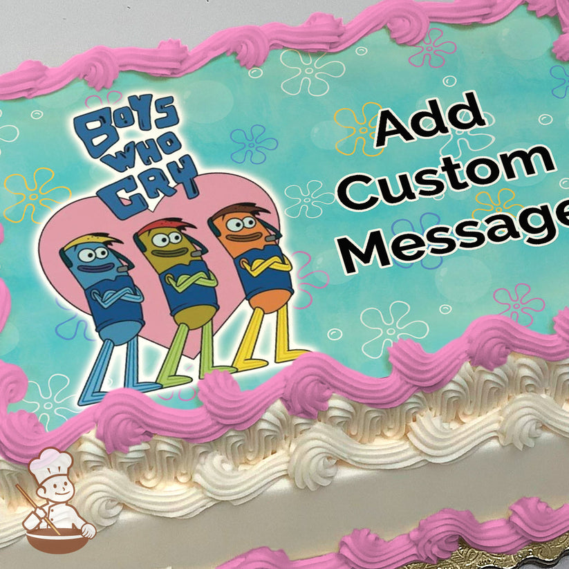 Cartoon of three colorful characters with crossed arms in front of a pink heart. Background is blue with flower patterns. Printed on a sheet cake.