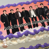 A group of seven people in stylish outfits standing against a gradient pink background, printed on a photo sheet cake.
