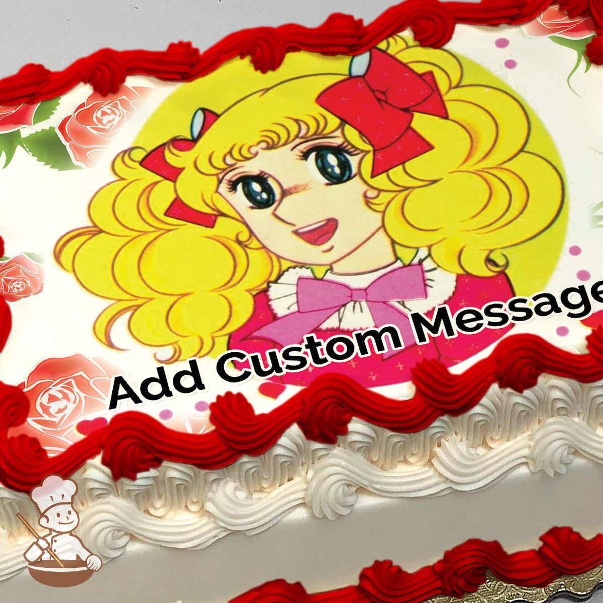 A cartoon illustration of a smiling girl with large blue eyes, curly blonde hair, and red bows, set against a yellow circle with a floral background, printed on a sheet cake.