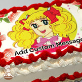 A cartoon illustration of a smiling girl with large blue eyes, curly blonde hair, and red bows, set against a yellow circle with a floral background, printed on a sheet cake.
