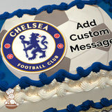 Chelsea Football Club logo featuring a blue lion holding a staff, surrounded by red and white symbols, on a soccer ball background. Printed on a sheet cake.
