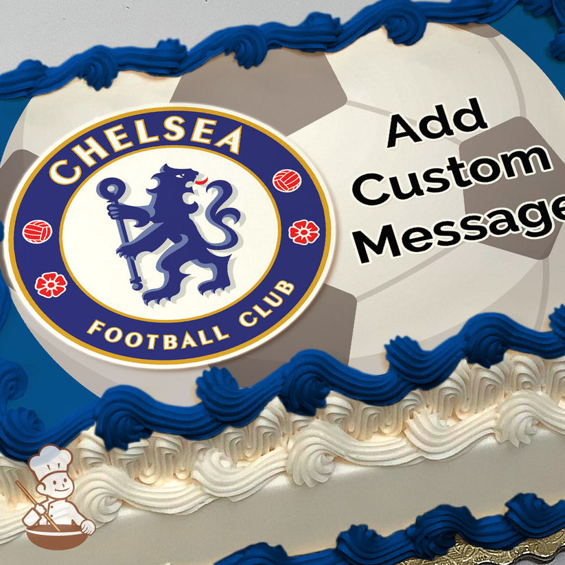 Chelsea Football Club logo featuring a blue lion holding a staff, surrounded by red and white symbols, on a soccer ball background. Printed on a sheet cake.