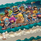 A colorful cartoon illustration featuring a group of medieval-themed characters, including a king, knight, and wizard, with a blue gradient background, printed on a photo sheet cake.