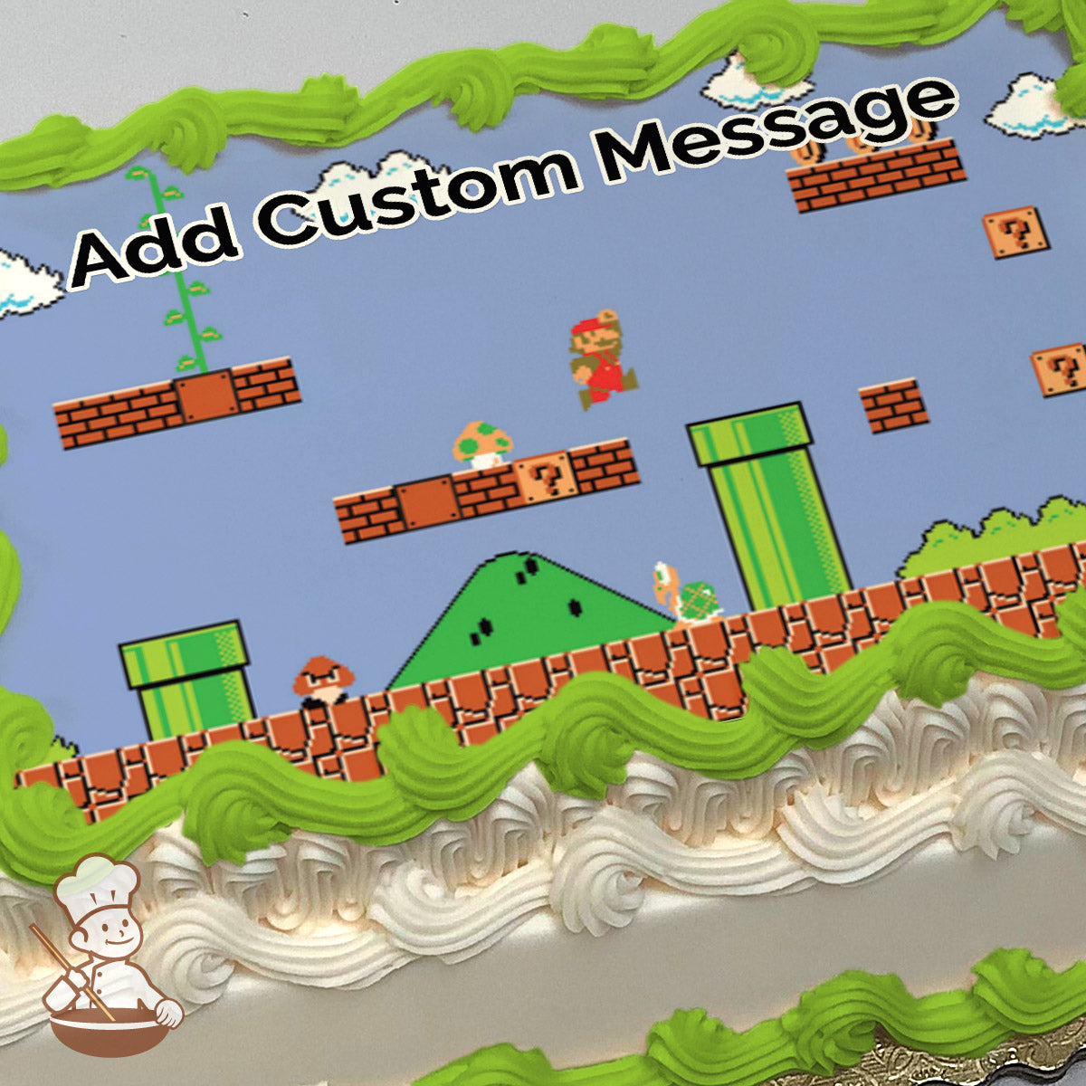 A pixelated cartoon image of Mario jumping between brick platforms with a green pipe, Goomba, Koopa Troopa, and a mushroom. Blue sky background with clouds. Printed on a sheet cake.