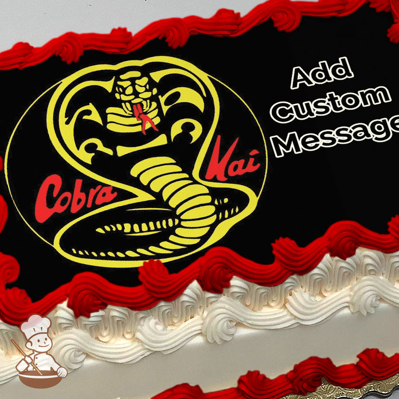 A yellow cobra logo with "Cobra Kai" text on a black background, printed on a photo sheet cake.