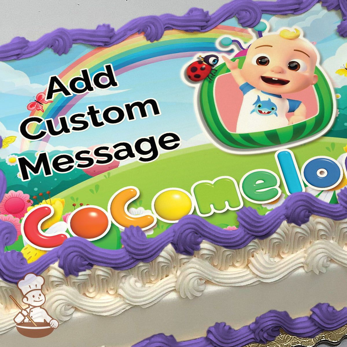 Cartoon image of a smiling child in a watermelon-shaped TV with a ladybug on top, set in a colorful meadow with flowers, a rainbow, and blue sky, printed on a sheet cake.
