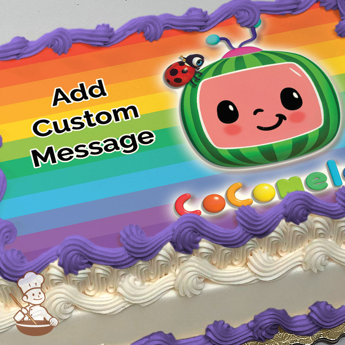 A cartoon watermelon character with a smiling face and a ladybug on top is set against a rainbow-striped background. Printed on a sheet cake.