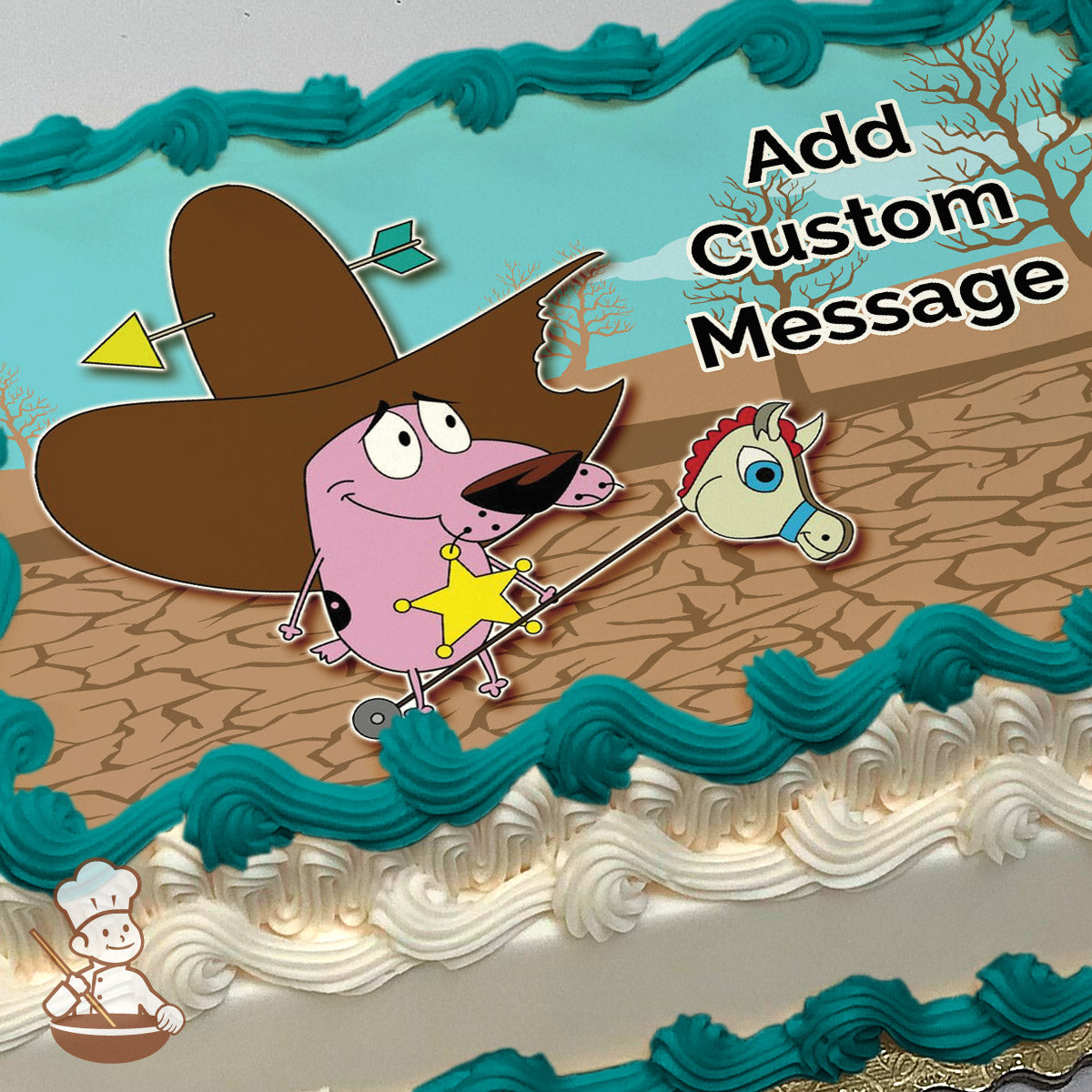A cartoon of a pink dog dressed as a sheriff with a large brown hat, a yellow star badge, and a toy horse. The background is a desert with barren trees under a blue sky. Printed on a photo sheet cake.
