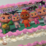 Cartoon babies in colorful animal-themed costumes stand on a green floor with a whimsical, pastel forest background. Printed on a sheet cake.