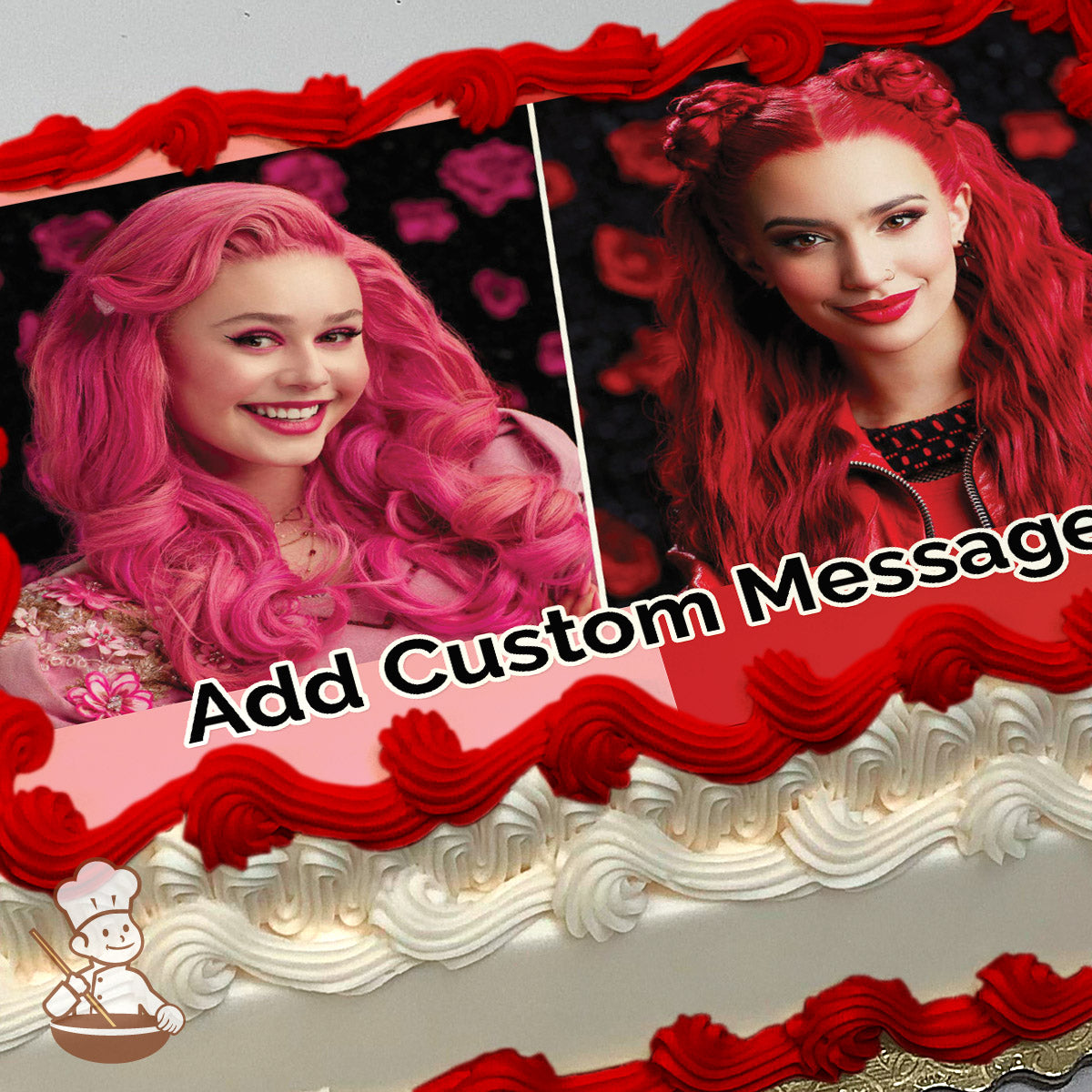 Two portraits of women with vibrant pink and red hairstyles against a black floral background, printed on a photo sheet cake.