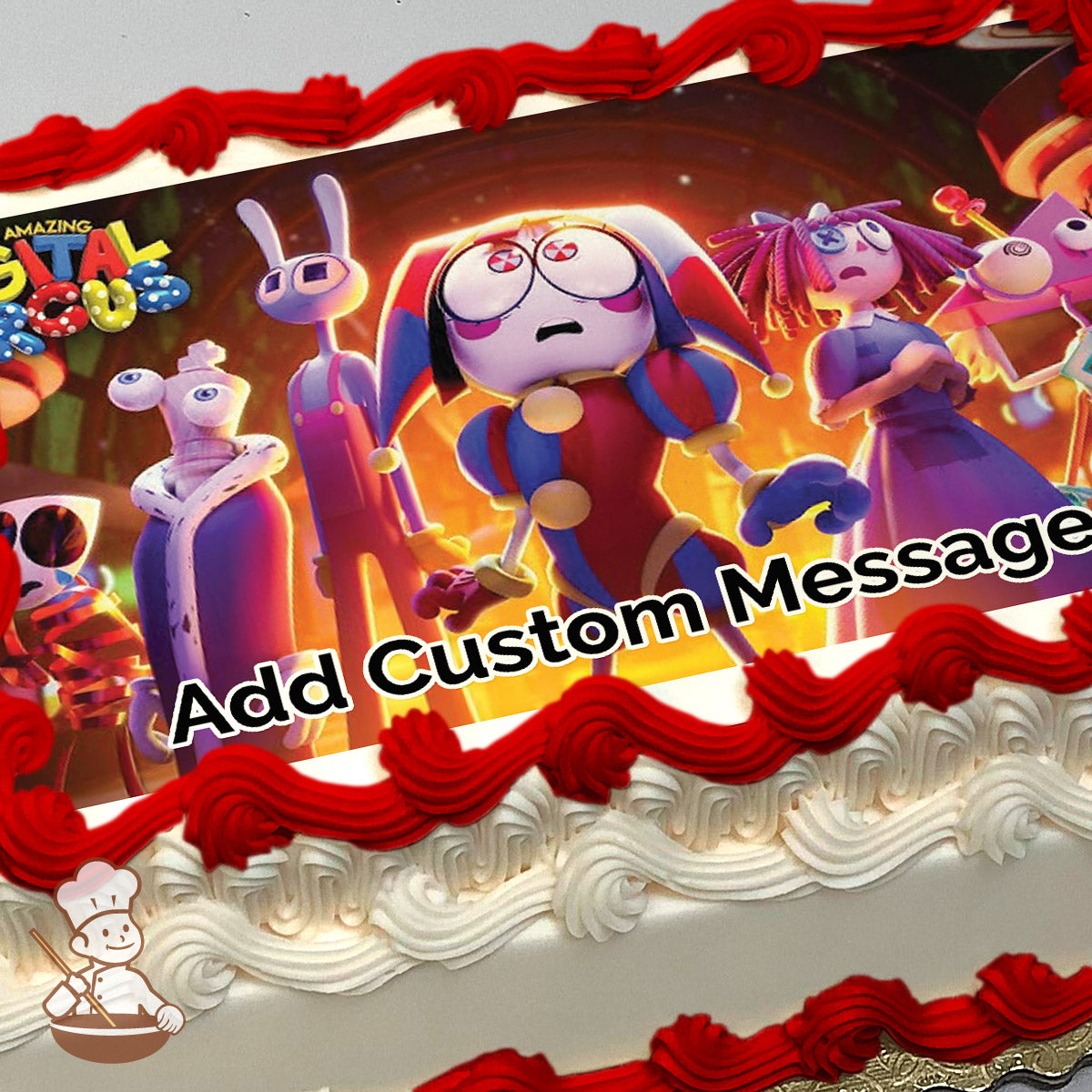 A colorful cartoon illustration featuring a jester-like character in red and blue, surrounded by quirky friends, set against a glowing, fiery background. Printed on a photo sheet cake.