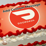 The image printed on the sheet cake shows the DoorDash logo, a white abstract wing shape on a red circular background, with "DOORDASH" written below.