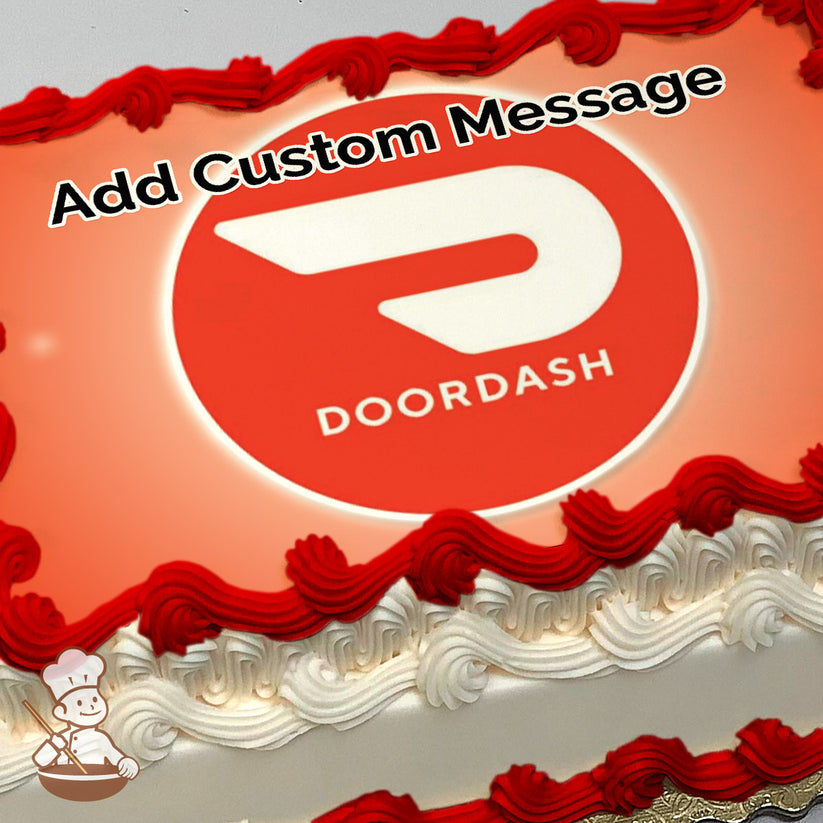 The image printed on the sheet cake shows the DoorDash logo, a white abstract wing shape on a red circular background, with "DOORDASH" written below.