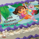 Cartoon of a girl swinging on a vine with a monkey and a purple backpack in a jungle setting with large green leaves. Printed on a sheet cake.