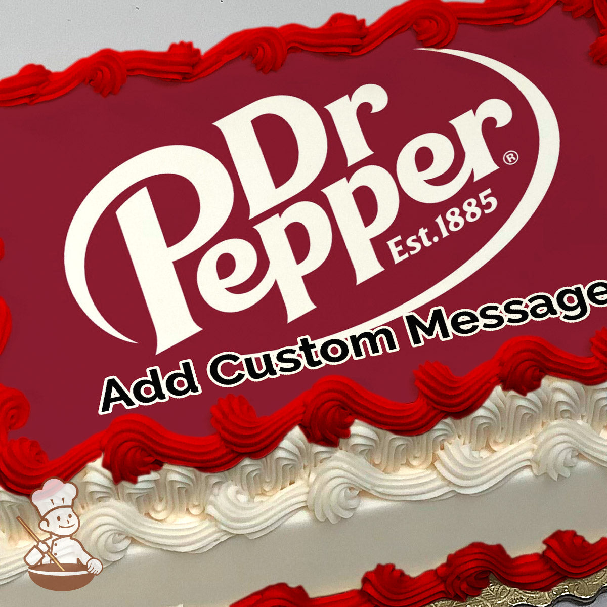 Dr Pepper logo with "Est. 1885" in white text on a red background, printed on a photo sheet cake.