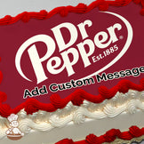 Dr Pepper logo with "Est. 1885" in white text on a red background, printed on a photo sheet cake.