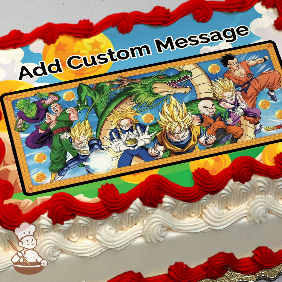 Illustration of Dragon Ball Z characters Goku, Vegeta, and Gohan in action poses with Shenron and Dragon Balls in a vibrant sky background, printed on a photo sheet cake.