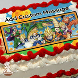 Illustration of Dragon Ball Z characters Goku, Vegeta, and Gohan in action poses with Shenron and Dragon Balls in a vibrant sky background, printed on a photo sheet cake.
