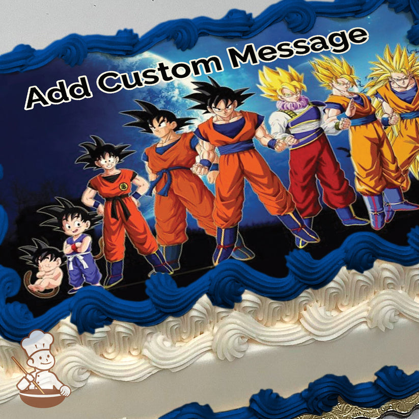 Illustration of Goku in various forms from childhood to Super Saiyan transformations, set against a night sky with a glowing moon, printed on a photo sheet cake.