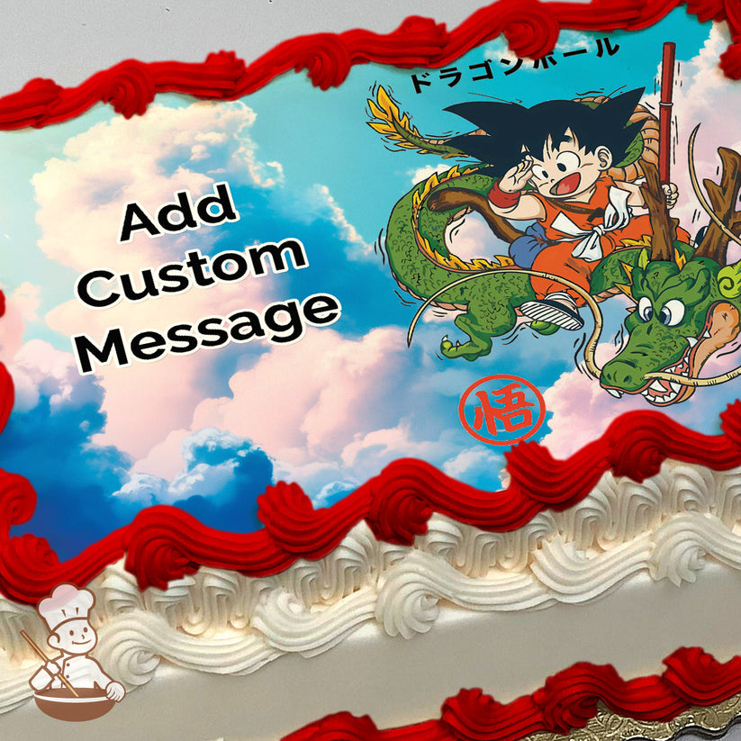 A cartoon image of a cheerful boy with spiky black hair riding a green dragon in the sky with fluffy clouds in the background, printed on a photo sheet cake.