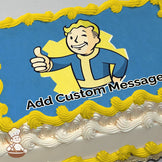 A cartoon character with blonde hair, wearing a blue and yellow jumpsuit, gives a thumbs-up and winks. The background is blue with a yellow burst. Printed on a sheet cake.