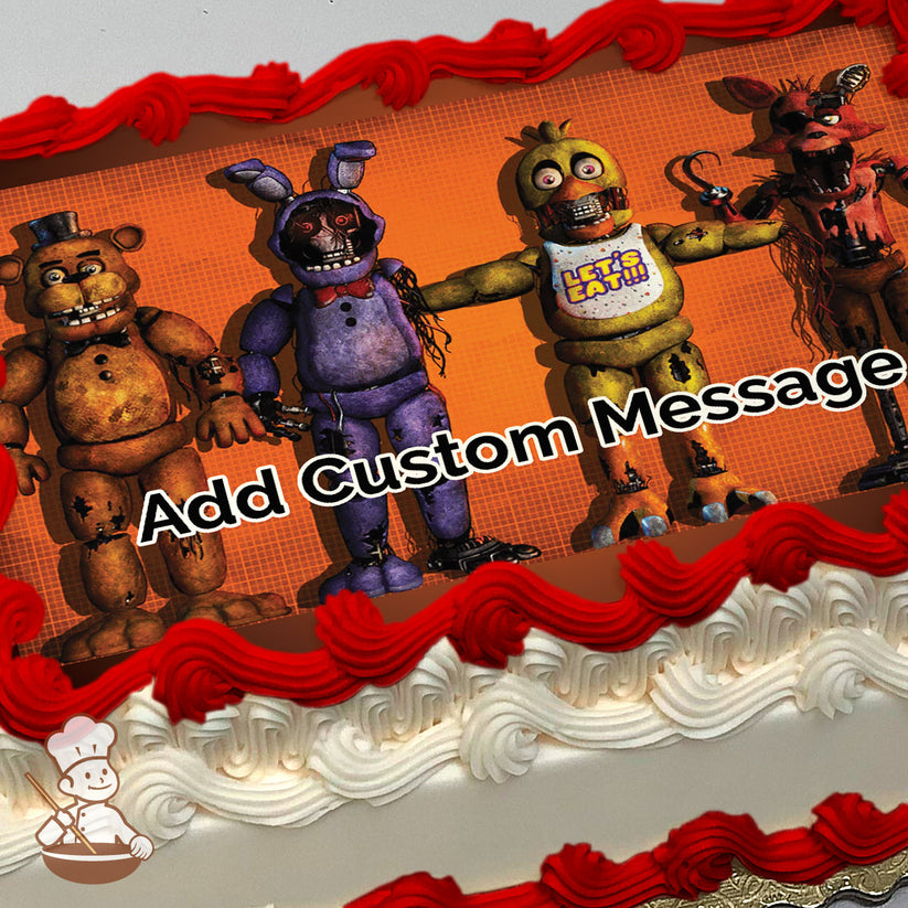 Four animatronic characters, Freddy, Bonnie, Chica, and Foxy, stand on an orange textured background. Image printed on a photo sheet cake.