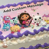 A cartoon image of a girl with cat ears playing a pink guitar, surrounded by colorful cat characters on a pink gradient background, printed on a photo sheet cake.