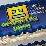 A cartoon yellow square face with a neutral expression on a blue geometric background, with "Geometry Dash" text in green pixelated font, printed on a sheet cake.