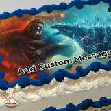 A dramatic illustration of a roaring gorilla and a spiky-backed creature facing off. The background is a stormy sky with lightning. Printed on a photo sheet cake.