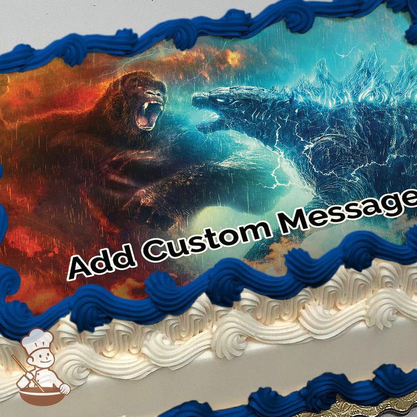 A dramatic illustration of a roaring gorilla and a spiky-backed creature facing off. The background is a stormy sky with lightning. Printed on a photo sheet cake.
