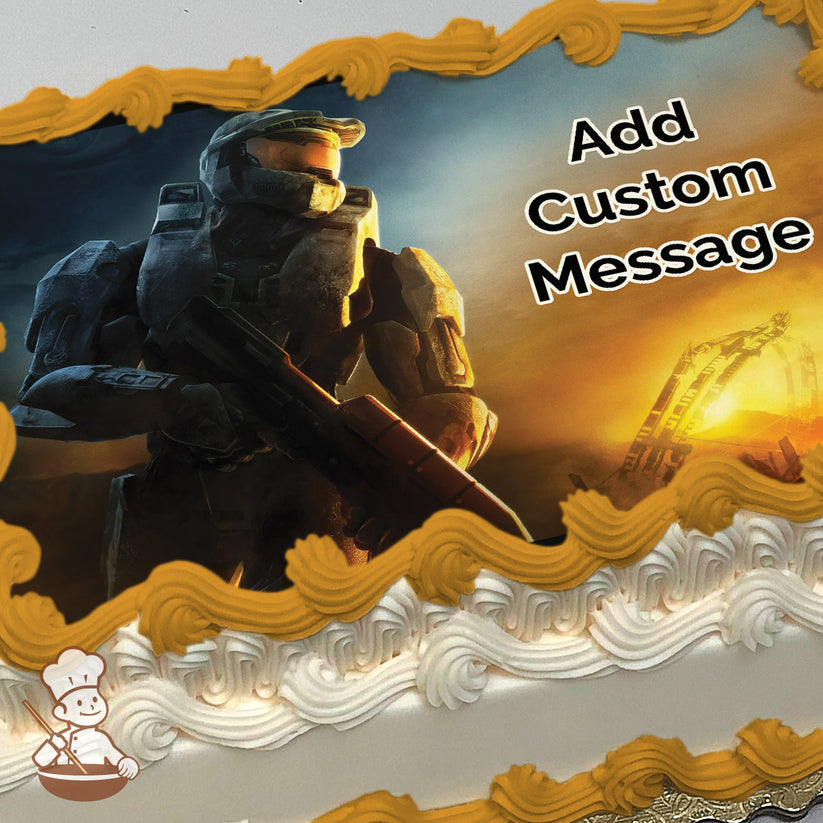 A sci-fi soldier in futuristic armor holding a weapon stands against a dramatic sunset with a metallic structure in the background, printed on a sheet cake.