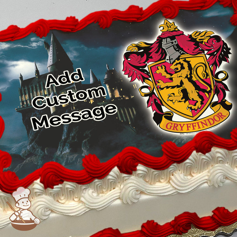 Hogwarts castle at night on a rocky cliff under a cloudy sky, with the Gryffindor crest featuring a lion on the right. Image printed on a sheet cake.