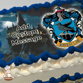 Hogwarts castle at night with glowing windows on a rocky cliff under a cloudy sky, next to the Ravenclaw crest. Image printed on a sheet cake.
