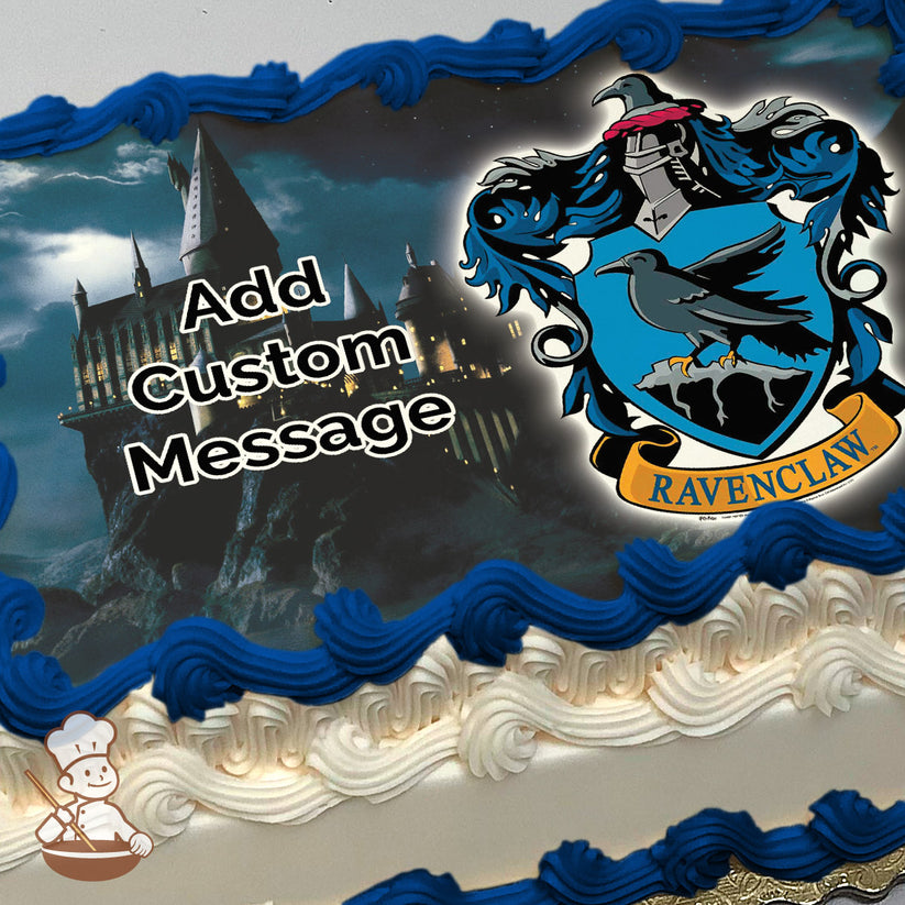 Hogwarts castle at night with glowing windows on a rocky cliff under a cloudy sky, next to the Ravenclaw crest. Image printed on a sheet cake.