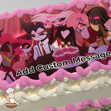Cartoon characters gather around a table with a pink birthday cake topped with lit candles. The background is a dimly lit, warm-toned room. Printed on a sheet cake.