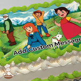 Cartoon illustration of a girl in a red dress, a boy, a girl in blue, an elderly man, and a goat in a meadow with mountains. Printed on a sheet cake.
