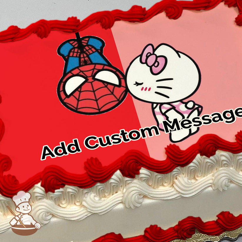 Cartoon image of Spider-Man hanging upside down next to Hello Kitty wearing a pink bow and dress, set against a red and pink split background, printed on a photo sheet cake.