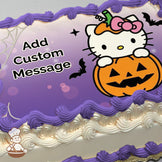 Hello Kitty peeks out of a carved pumpkin with a pink bow on her head, surrounded by bats and a spiderweb on a purple gradient background. Printed on a sheet cake.