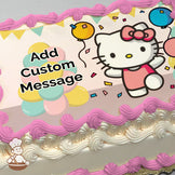 Hello Kitty cartoon with a pink bow, dress and balloons. Background has colorful bunting and confetti. Image printed on a sheet cake.