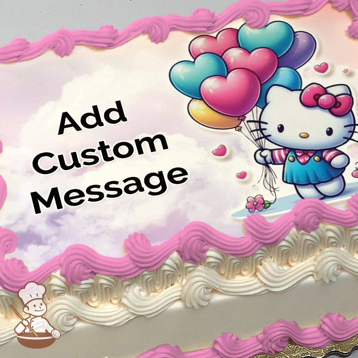 Hello Kitty holding colorful heart-shaped balloons, standing on a pastel cloud background with small pink hearts. Printed on a photo sheet cake.