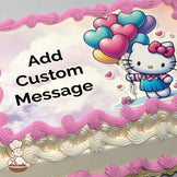 Hello Kitty holding colorful heart-shaped balloons, standing on a pastel cloud background with small pink hearts. Printed on a photo sheet cake.