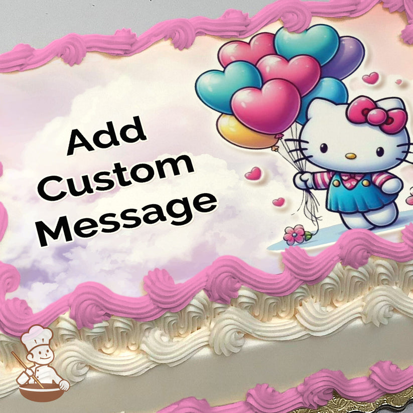 Hello Kitty holding colorful heart-shaped balloons, standing on a pastel cloud background with small pink hearts. Printed on a photo sheet cake.