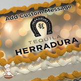 Tequila Herradura logo with a bokeh light background, printed on a photo sheet cake.