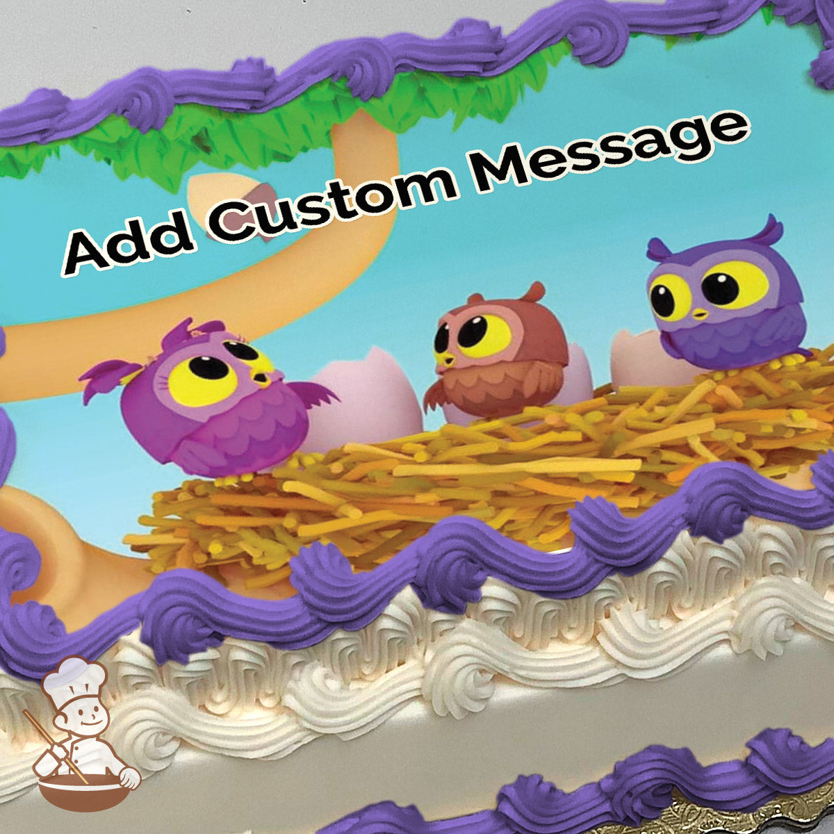 Three cartoon owls, purple, brown, and blue, sit in a nest with eggs on a tree branch against a bright blue sky. Printed on a sheet cake.