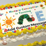 Illustration of a green caterpillar with a red head, a smiling sun, a butterfly, and colorful dots on a white background, printed on a sheet cake.