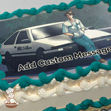 An illustration of a person leaning against a white car with Japanese text on the side, set on a road with trees in the background. Printed on a sheet cake.