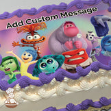 Cartoon characters Joy, Anger, and Anxiety from "Inside Out" with more friends on a colorful gradient background, printed on a photo sheet cake.