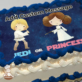 Cartoon illustration of a blonde Jedi holding a lightsaber and a princess with brown hair buns holding a blaster, set against a starry space background, printed on a sheet cake.