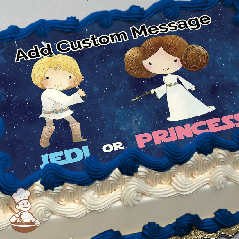 Cartoon illustration of a blonde Jedi holding a lightsaber and a princess with brown hair buns holding a blaster, set against a starry space background, printed on a sheet cake.